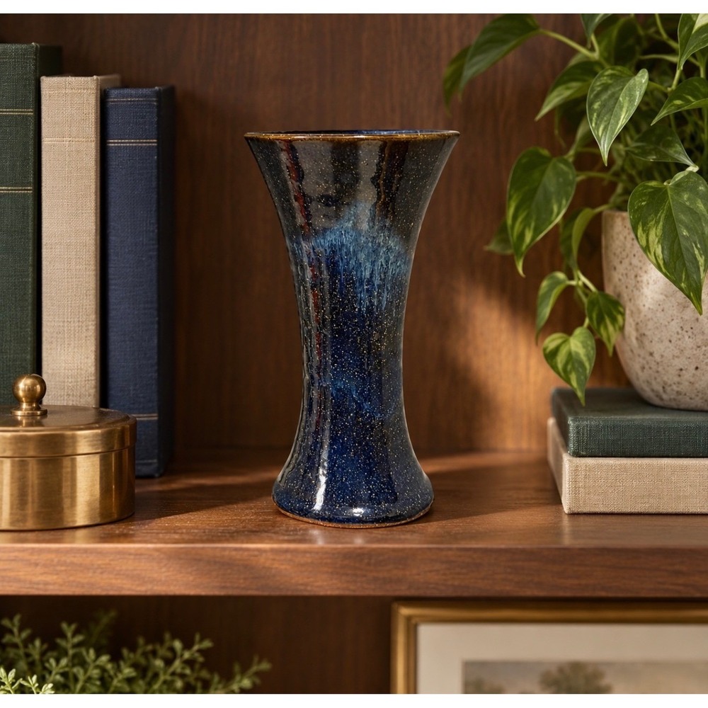 Signed Studio Pottery Flared Trumpet Vase Blue Black Drip Glaze 2006 7.5 Inch - Picture 3 of 9